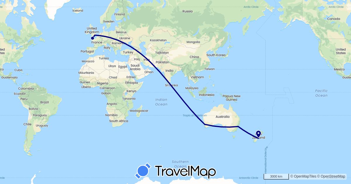 TravelMap itinerary: driving in Australia, United Kingdom, Guernsey, New Zealand (Europe, Oceania)